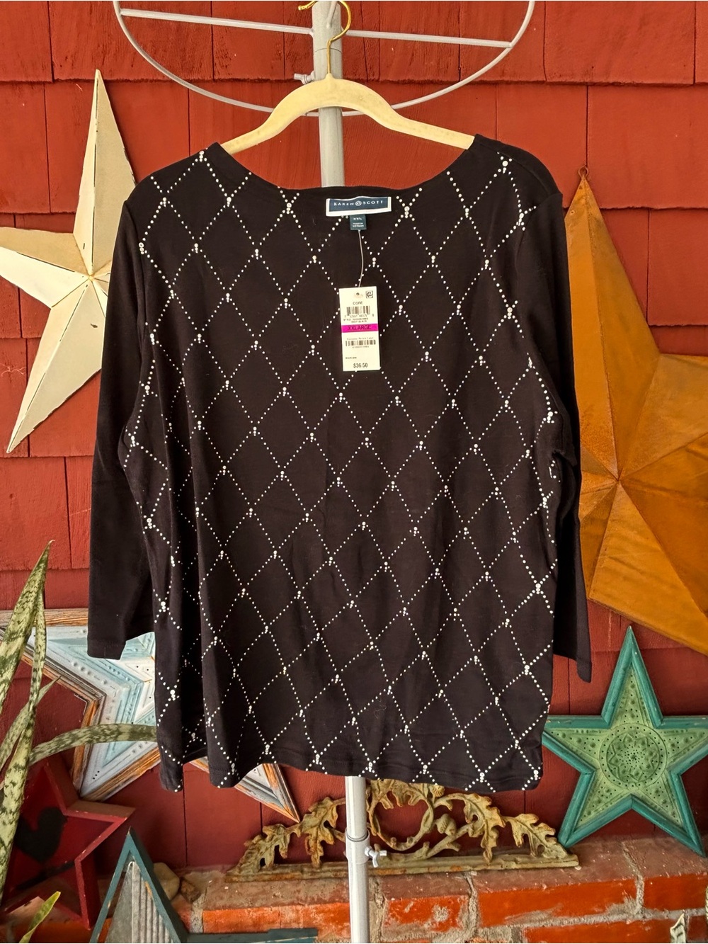 NWT Y2K Karen Scott Retro Deep Black Tunic 3/4 Sleeve Top Women’s Plus Size 1X
